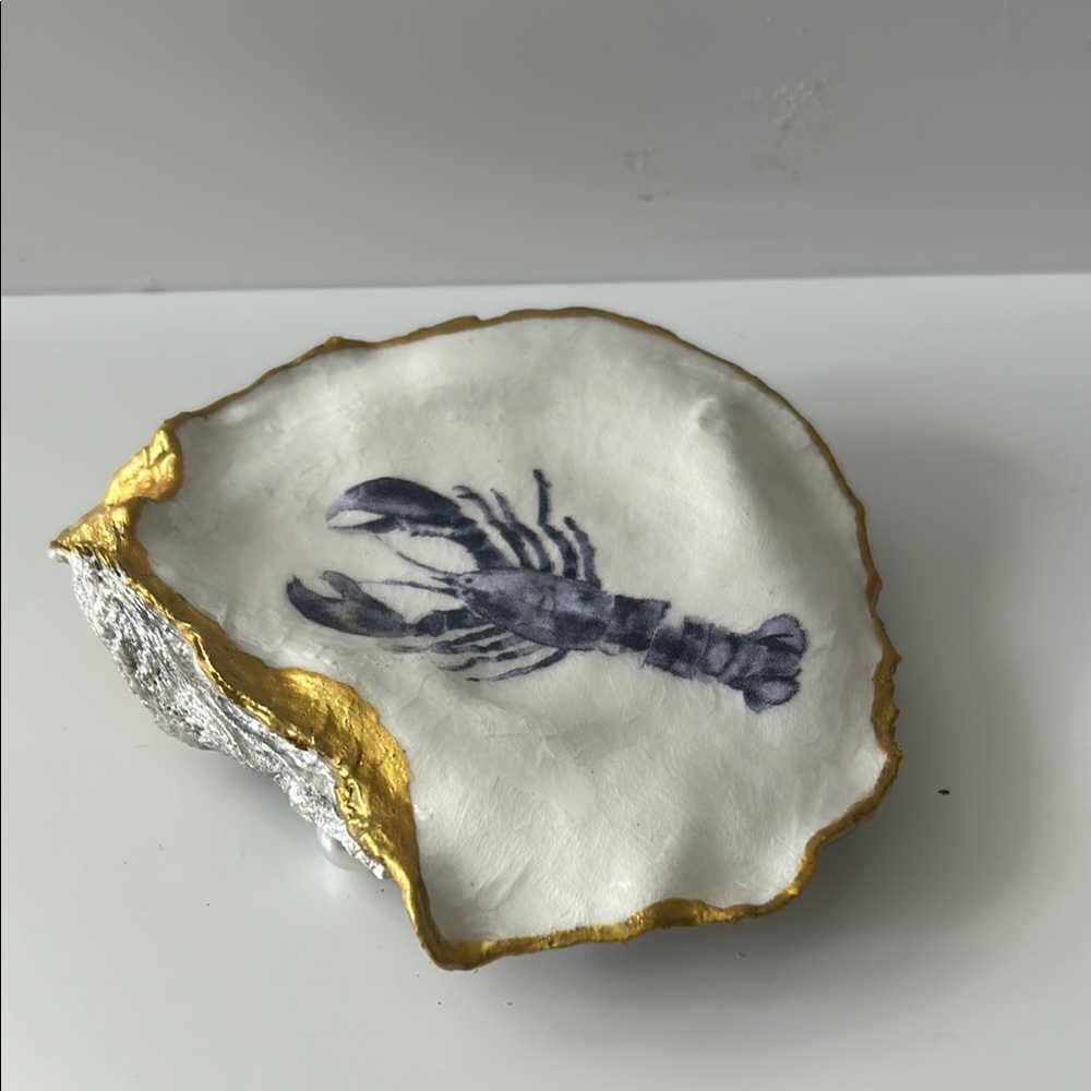 Gold Trimmed  Oyster Shell Dish with Lobster Design